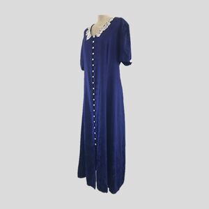 Vintage Miss Dorby 80s Royal Blue Floral Cottage Core Crochet Midi Dress L/XL